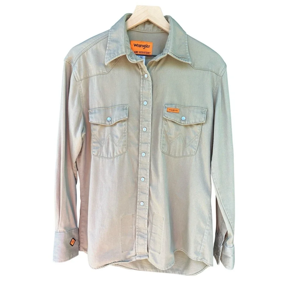 Wrangler FR Flame Resistant Western Snap Shirt Men's M Reg Khaki Tan Workwear